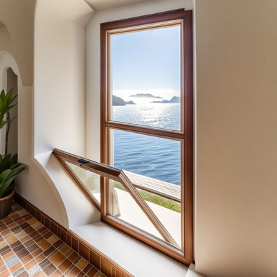 Maison en aluminium, fond suspendu, vitres ouvertes vers l'intérieur / vers l'extérieur